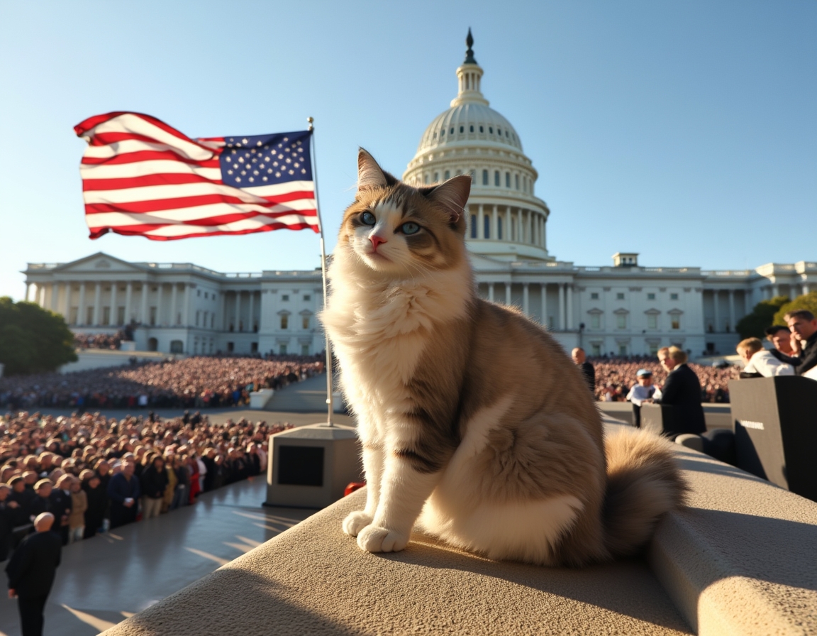 Cat on the Capitol steps during a historic inauguration, surrounded by flags and cheering crowds.